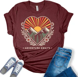 Women's Adventure Awaits Outdoor Graphic Tee Shirt Heart Printed Hike Mountain Nature Travel Workout Tops