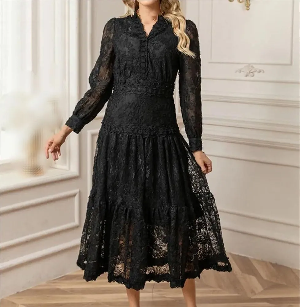 Women's Floral Lace A-Line Black Dress Long Sleeve V-Neck Slim Fit Casual Summer Dresses