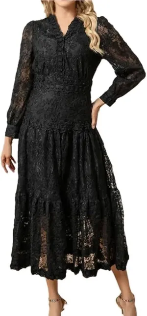 Women's Floral Lace A-Line Black Dress Long Sleeve V-Neck Slim Fit Casual Summer Dresses