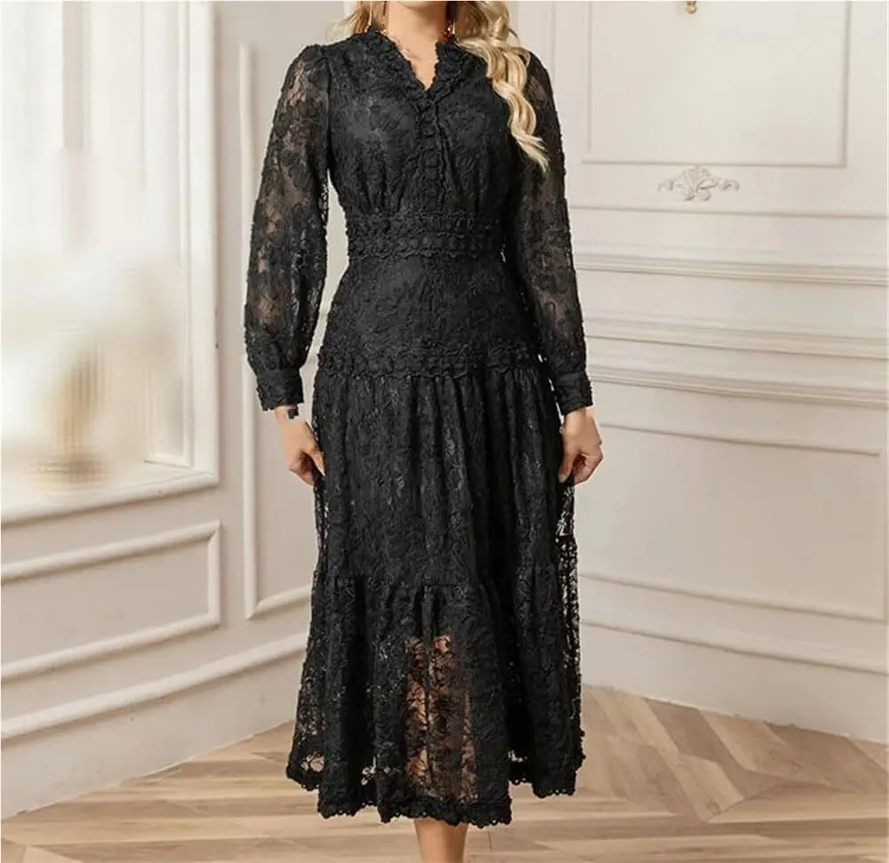 Women's Floral Lace A-Line Black Dress Long Sleeve V-Neck Slim Fit Casual Summer Dresses