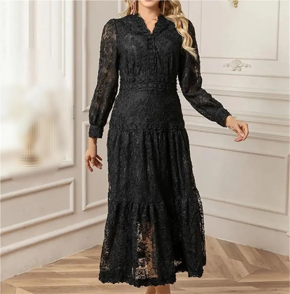 Women's Floral Lace A-Line Black Dress Long Sleeve V-Neck Slim Fit Casual Summer Dresses