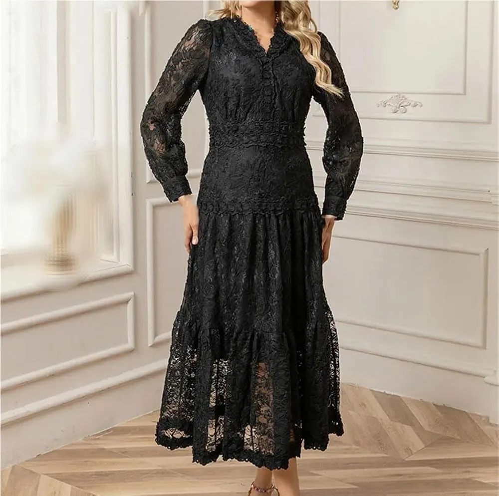 Women's Floral Lace A-Line Black Dress Long Sleeve V-Neck Slim Fit Casual Summer Dresses