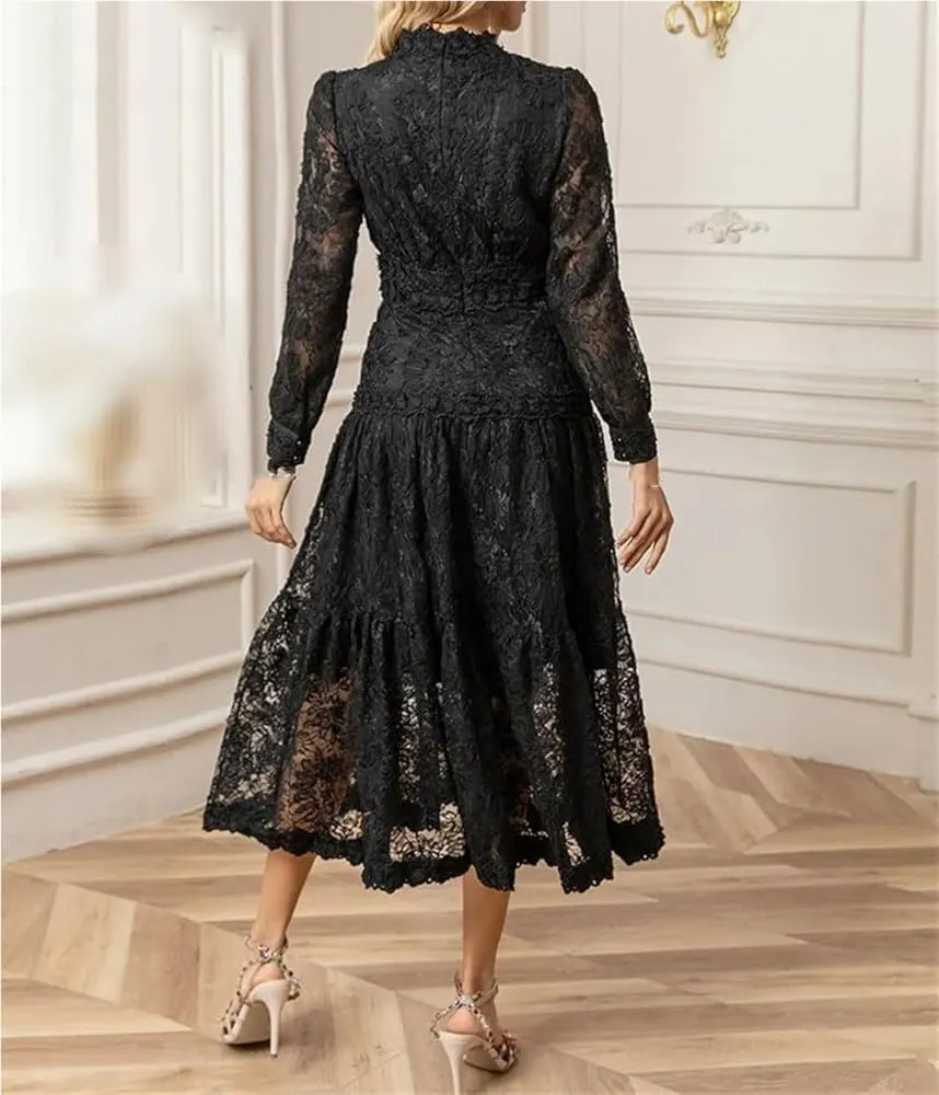 Women's Floral Lace A-Line Black Dress Long Sleeve V-Neck Slim Fit Casual Summer Dresses