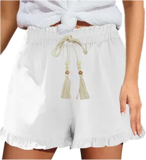 Womens High Waisted Beach Shorts Comfy Summer Drawstring Cotton Shorts Ruffle Flowy Wide Leg Short Pants with Pockets