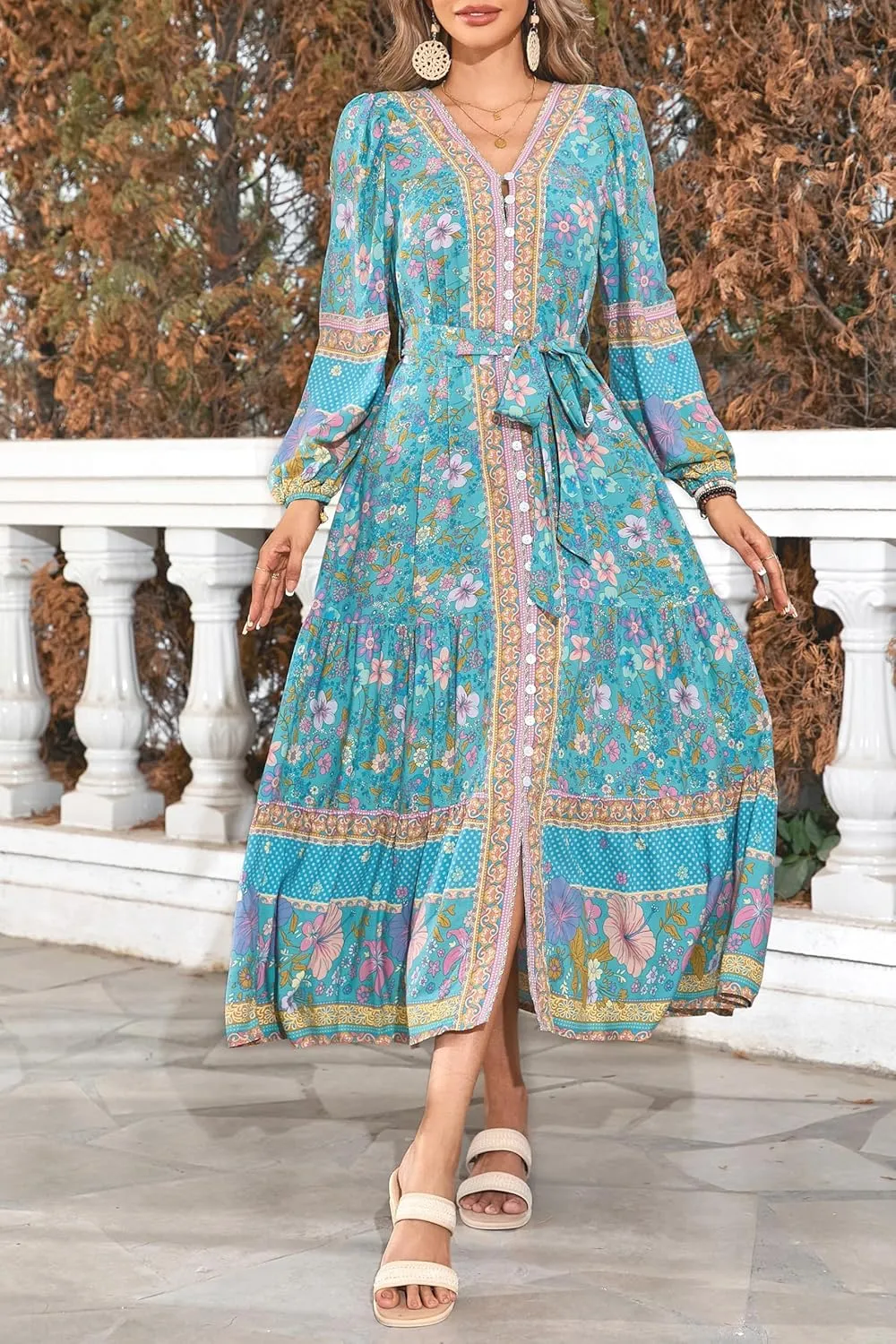 Womens V Neck Bohemian Floral Midi Dress Button-Down Front Detachable Belt Casual Flowy Vacation Summer Dresses