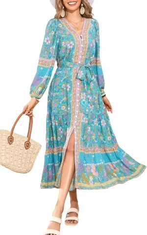 Womens V Neck Bohemian Floral Midi Dress Button-Down Front Detachable Belt Casual Flowy Vacation Summer Dresses