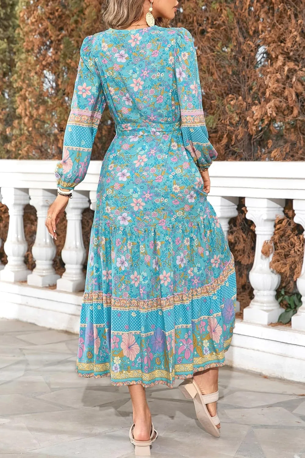 Womens V Neck Bohemian Floral Midi Dress Button-Down Front Detachable Belt Casual Flowy Vacation Summer Dresses