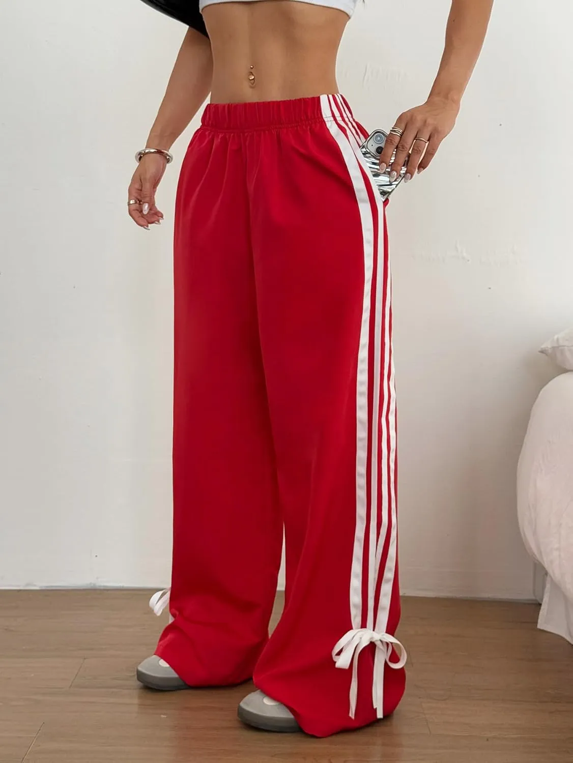 ZAFUL Womens Side Striped Pant Baggy Wide Leg Sweatpants Elastic Waisted Contrast Stripes Loose Fit Trousers